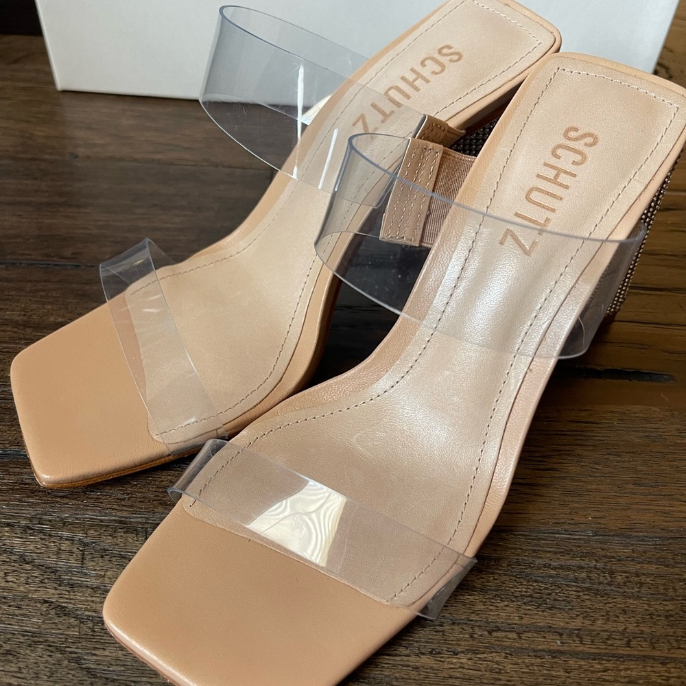SCHUTZ
Ariellen Vinyl Crystal Block-Heel Sandals size 5.5